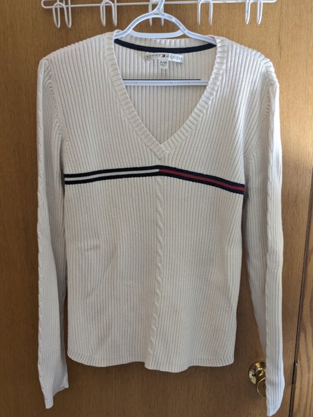 Tommy Hilfiger 90s-style ribbed cream sweater with red-blue stripe classic prep